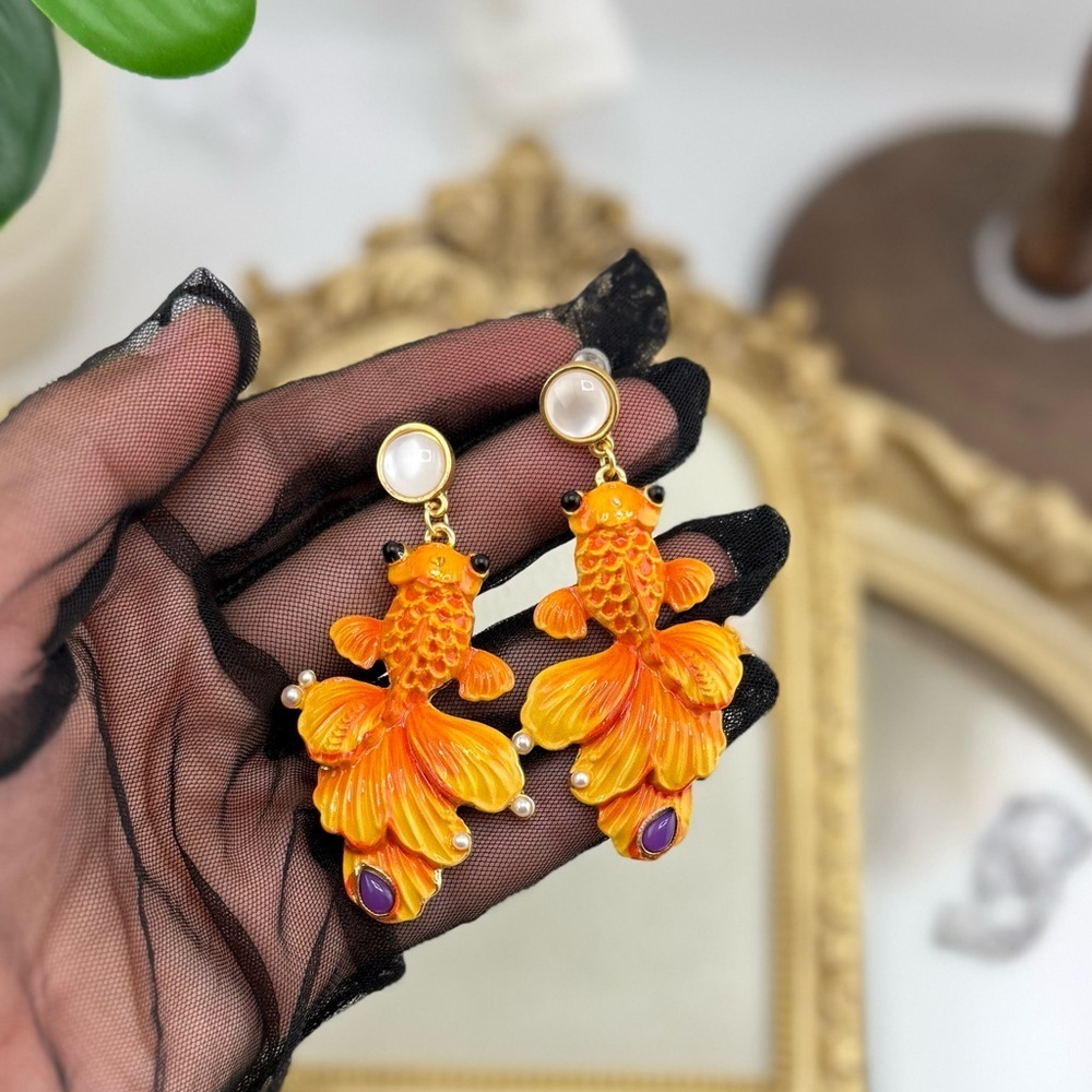 Statement Goldfish Earrings – Hand-Painted Enamel & Pearl Detail - Picture 7 of 10